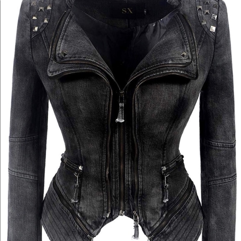 Women's Gray Denim Jean Blazer Moto Biker Jacket